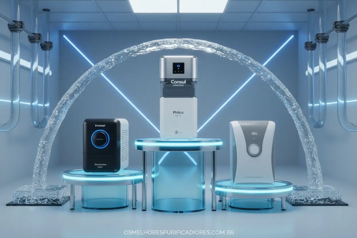 comparativo melhores purificadores 2026 - pódio com cinco modelos de purificadores de água modernos